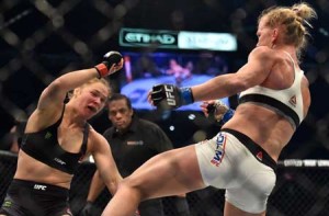 Ronda Rousey of the US (left) goes down after being knocked out by Holly Holm in their last UFC title fight. AFP PHOTO