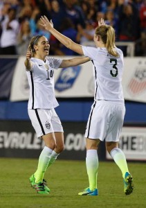 USA’s Samantha Mewis (right) celebrates her goal against Germany with teammate Morgan Brian (left) during their SheBelieves Cup soccer match Thursday in Boca Raton, Florida.  AFP PHOTO