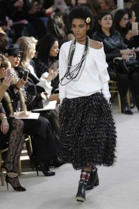 Chanel had lots of boucle wool jackets, coats and skirts, piles of pearls and big necklaces AFP PHOTOS