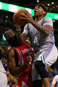 Isaiah Thomas (No. 4) of the Boston Celtics looks for a shot against James Harden of the Houston Rockets during the fourth quarter at TD Garden on Friday (Saturday in Manila) in Boston, Massachusetts. AFP PHOTO