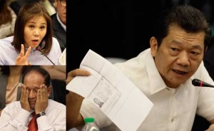 ELECTRIFYING Kam Sin Wong alias Kim Wong holds up a document to back his testimony that it was Maia Deguito who helped two Chinese businessmen move the stolen money to RCBC. Left photos show Philrem president Salud Bautista and John Gomes, Bangladesh Ambassador to the Philippines. PHOTOS BY CZEASAR DANCEL