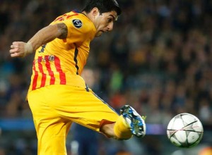 Barcelona’s Uruguayan forward Luis Suarez kicks the ball during the UEFA Champions League quarter finals first leg football match FC Barcelona vs Atletico de Madrid at the Camp Nou stadium in Barcelona on Wednesday.  AFP PHOTO