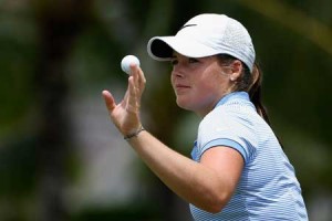 Katie Burnett reacts to a par putt on the fourth green during the third round of the LPGA LOTTE Championship Presented By Hershey at Ko Olina Golf Club on April 15 in Kapolei, Hawaii. AFP PHOTO