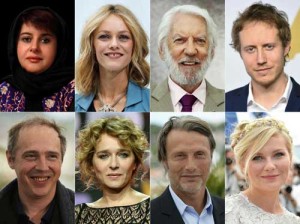 The eight jury members include (from top left, clockwise): Iranian producer Katayoon Shahabi, French actress and singer Vanessa Paradis, Canadian actor Donald Sutherland, Hungarian director Laszlo Nemes, US actress Kirsten Dunst, Danish actor Mads Mikkelsen, Italian actress Valeria Golino, and French director Arnaud Desplechin