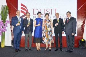 (From left) Guglielmo Brentel, president of the École hôtelière de Lausanne Group, Khun Chanin Donavanik, vice chairman and chairman of the executive committee of Dusit International, Khun Suphajee Suthumpun, group CEO of Dusit International, Evelyn Singson, president and vice chairman of the Philippine Hoteliers Inc., Hervé Fleury, executive vice chairman of the Board of Institut Paul Bocuse, and Mr. Ron Hilvert, managing director of Dusit Hospitality Management College and dusitD2 the Fort, Manila