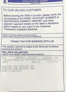 It exists Shown is the bank deposit slip attesting to the existence of an account of Davao City Mayor Rodrigo Duterte with the Bank of the Philippine Islands. Photo was posted on the Facebook account of  Ellen Tordesillas of Malaya.