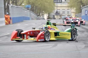  BT Schaeffler Audi Sport’s Brazilian racing driver Lucas Di Grassi leads in the French stage of the Formula E championship around the Invalides in Paris on Sunday. AFP PHOTO