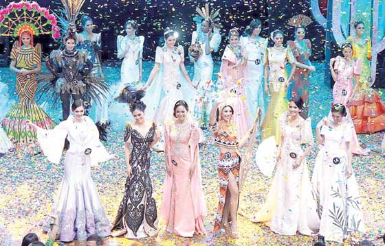 Binibing Pilipinas candidates Angelica Anita, Angela Lauren Fernando, Jennylyn Malpaya, Dindi Pajares, Ma. Lina Prongoso and Paula Baltolome celebrate after being declared winners in the National Costume category Wednesday night in Quezon City. PHOTO BY RUY L. MARTINEZ