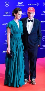 Three-time Formula One champion Niki Lauda and his wife Birgit pose on the red carpet before the Laureus World Sports 2016 Awards Ceremony in Berlin on Wednesday. AFP PHOTO