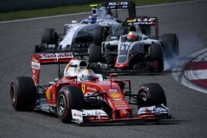 Ferrari’s German driver Sebastian Vettel (front) takes a turn during the Formula One Chinese Grand Prix in Shanghai. Vettel’s complaint that Red Bull’s Daniil Kvyat made a “suicidal” move during the race that resulted to him bumping team-mate Kimi Raikkonen did not sit well with some Formula One observers. AFP PHOTO