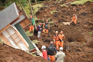 Rescuers guide dogs to search for victims buried in a landslide due to the recent earthquakes in the village of Minami-Aso in Kumamoto prefecture on April 18. Rescuers intensified efforts on April 18 to find 10 people still missing in a devastated village, with time running out more than two days after Japan’s double-quake disaster, which unleashed landslides and collapsed buildings. AFP PHOTO