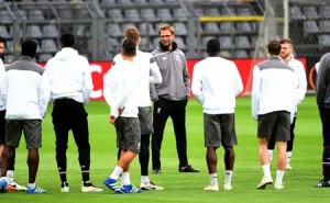 Liverpool´s head coach Juergen Klopp takes part at a training session the eve of the UEFA Europe League quarter-final, first-leg football match Borussia Dortmund vs FC Liverpool in Brackel near Dortmund, western Germany on Thursday. AFP PHOTO