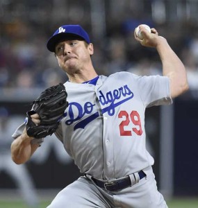 Scott Kazmir No.29 of the Los Angeles Dodgers pitches during the first inning of a baseball game against the San Diego Padres at PETCO Park on Wednesday in San Diego, California. AFP PHOTO