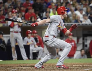 Jeremy Hazelbaker No.41 of the St. Louis Cardinals hits a three-run home run during the seventh inning of a baseball game against the San Diego Padres at PETCO Park on Sunday in San Diego, California. AFP PHOTO