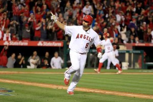 n Albert Pujols No.5 of the Los Angeles Angels of Anaheim reacts to driving in the winning run with a single during the ninth inning of a baseball game against the Texas Rangers at Angel Stadium of Anaheim on Friday in Anaheim, California. AFP PHOTO