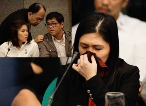 MORE TALES Maia Deguito cries as she resumes her testimony at the Senate. Photos taken Tuesday also show (left) Philrem officials Salud Bautista and Michael Bautista being coached by their lawyer during the Senate inquiry. PHOTOS BY CZEASAR DANCEL