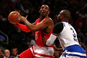 Kobe Bryant (left) of the Los Angeles Lakers and the Western Conference attempts to shoot past Dwyane Wade of the Miami Heat and the Eastern Conference during the NBA All-Star Game in Toronto on February 14, 2016. AFP FILE PHOTO