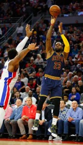 LeBron James No.23 of the Cleveland Cavaliers takes a second quarter jump shot over Andre Drummond No.0 of the Detroit Pistons during the NBA Eastern Conference quarterfinals at the Palace of Auburn Hills on Saturday in Auburn Hills, Michigan. AFP PHOTO