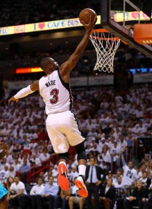 Dwyane Wade No.3 of the Miami Heat drives to the basket during game two of the Eastern Conference Quarterfinals of the 2016 NBA Playoffs against the Charlotte Hornets at American Airlines Arena on Thursday in Miami, Florida.  AFP PHOTO 