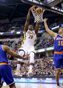 Ian Mahinmi No.28 of the Indiana Pacers dunks the ball during the game against the New York Knicks at Bankers Life Fieldhouse on Wednesday in Indianapolis, Indiana. AFP PHOTO