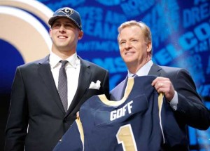 Jared Goff of the California Golden Bears holds up a jersey with NFL Commissioner Roger Goodell after being picked No.1 overall by the Los Angeles Rams during the first round of the 2016 NFL Draft at the Auditorium Theatre of Roosevelt University on Friday in Chicago, Illinois. AFP PHOTO