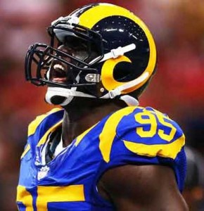 William Hayes No.95 of the St. Louis Rams reacts in the second quarter against the San Francisco 49ers at Edward Jones Dome on October 13, 2014 in St Louis, Missouri.  AFP FILE PHOTO