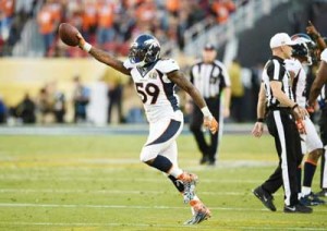 n Denver Bronco Danny Trevathan celebrates during Super Bowl 50 against the Carolina Panthers at Levi’s Stadium in Santa Clara, California, on February 7, 2016. AFP file photo