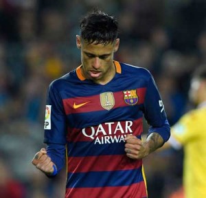 Barcelona’s Brazilian forward Neymar celebrates after scoring during the Spanish league football match FC Barcelona vs. Real Sporting de Gijón at the Camp Nou stadium in Barcelona on April 23.AFP PHOTO