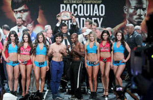 LAST fIGHT? Boxers manny Pacquiao (left) and timothy Bradley Jr. pose following their weigh-in at the mgm grand arena on april 8, 2016 in las vegas, nevada. Pacquiao and Bradley will meet in their third fight for the wBo international welterweight title on saturday, april 9 in las vegas. AfP PHoTo 