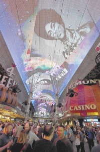 FAREWELL TO AN ICON The Fremont Street Experience pays tribute to recording artist Prince with a photo retrospective on the attraction’s Viva Vision screen while playing his music early on April 22, 2016 in Las Vegas, Nevada. Prince died on Thursday at his Paisley Park Studios in Minnesota at the age of 57. ETHAN MILLER/GETTY IMAGES/AFP PHOTO