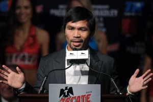 Welterweight boxer Manny Pacquiao talks about his upcoming fight against Timothy Bradley Jr. during their final news conference at the MGM Grand Hotel & Casino on Thursday in Las Vegas, Nevada. Pacquiao and Bradley will meet for their third fight on April 9 at the MGM Grand Garden Arena in Las Vegas. AFP PHOTO