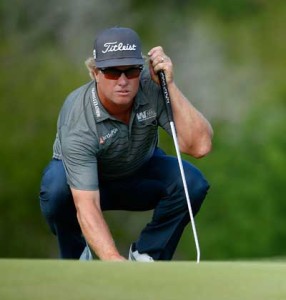 Charley Hoffman lines up a putt on the 17th hole during the final round of the Valero Texas Open at TPC San Antonio AT&T Oaks Course on Sunday in San Antonio, Texas. AFP PHOTO