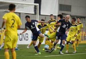 Ceres La Salle FC skipper Kim Sang Min and Adrian Gallardo Valdes battles the Tampines Rovers FC defense deep inside the latter’s penalty area during their meeting at the Jalan Besar Stadium in Singapore. PHOTO FROM AFC CUP FACEBOOK ACCOUNT