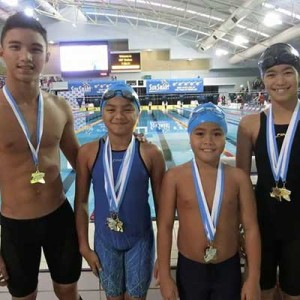 Newest Finis Philippines brand ambassador Marc Bryan Dula (second from right) with fellow ambassadors (from left) Sean Terence Zamora, Micaela Jasmine Mojdeh and Kyla Soguilon. CONTRIBUTED PHOTO