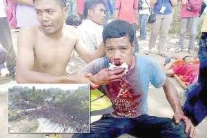 SHADES OF MENDIOLA CARNAGE Photos posted on social media show a protester attending to a bleeding farmer as another victim lies near them. Below, thousands of protesters face hundreds of policemen sent to end their rally. 