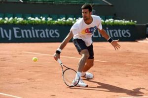 Serbia’s Novak Djokovic takes part in a training session at the Roland Garros 2016 French Tennis Open in Paris on Saturday. AFP PHOTO