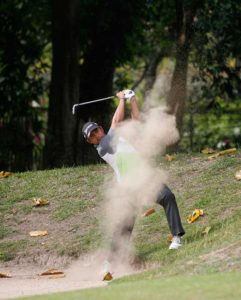 Clyde Mondilla blasts off a fairway bunker en route to saving par on No. 3. CONTRIBUTED PHOTO 