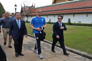 (Left to right) Leicester City’s manager Claudio Ranieri, owner Vichai Srivaddhanaprabha, goalkeeper Kasper Schmeichel and vice chairman Aiyawatt “Top” Srivaddhanaprabha walk as they visit the Grand Palace in Bangkok on May 19, 2016. afp photo