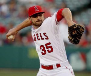 Nick Tropeano No.35 of the Los Angeles Angels of Anaheim pitches during the first inning a baseball game between the Los Angeles Angels of Anaheim and the Los Angeles Dodgers at Angel Stadium of Anaheim on Thursday in Anaheim, California.  AFP PHOTO