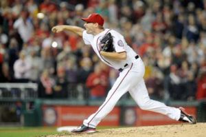 Max Scherzer No.31 of the Washington Nationals pitches in the ninth inning against the Detroit Tigers at Nationals Park on Thursday in Washington, DC. AFP PHOTO