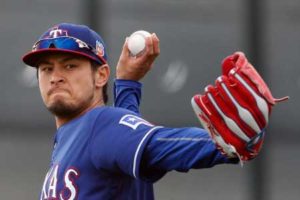 Starting pitcher Yu Darvish of the Texas Rangers throws during a training session in Surprise, Arizona, on February 19. AFP PHOTO