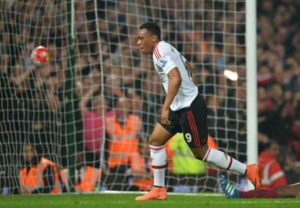 Manchester United’s French striker Anthony Martial celebrates after scoring their first goal during the English Premier League football match between West Ham United and Manchester United at The Boleyn Ground in Upton Park, in east London on Wednesday. AFP PHOTO