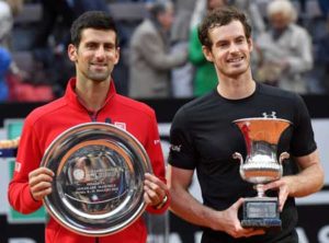 Britain’s Andy Murray poses next to Novak Djokovic of Serbia after after winning the men’s final match at the ATP Tennis Open on Monday at the Foro Italico in Rome. AFP PHOTO