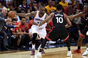 LeBron James No.23 of the Cleveland Cavaliers handles the ball in the second half against DeMar DeRozan No.10 of the Toronto Raptors in Game 5 of the Eastern Conference Finals during the 2016 NBA Playoffs at Quicken Loans Arena on Thursday in Cleveland, Ohio. AFP PHOTO