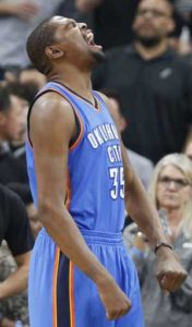 Kevin Durant No.35 of the Oklahoma City Thunder reacts before the start of the game against San Antonio Spurs in Game 5 of the Western Conference Semifinals during the 2016 NBA Playoffs at AT&T Center on Wednesday in San Antonio, Texas. AFP PHOTO