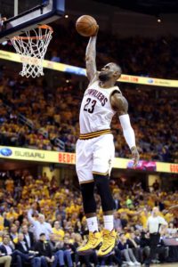 LeBron James No.23 of the Cleveland Cavaliers goes up for a dunk in the third quarter against the Toronto Raptors in game one of the Eastern Conference finals during the 2016 NBA Playoffs at Quicken Loans Arena on Wednesday in Cleveland, Ohio.  AFP PHOTO 