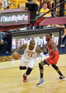 n LeBron James No.23 of the Cleveland Cavaliers handles the ball against DeMarre Carroll No.5 of the Toronto Raptors during the first half in game two of the Eastern Conference Finals during the 2016 NBA Playoffs at Quicken Loans Arena on Friday in Cleveland, Ohio. AFP PHOTO