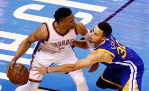 Russell Westbrook No.0 of the Oklahoma City Thunder drives against Stephen Curry No.30 of the Golden State Warriors in the second half in Game 4 of the Western Conference finals during the 2016 NBA playoffs at Chesapeake Energy Arena on Wednesday in Oklahoma City, Oklahoma. AFP PHOTO