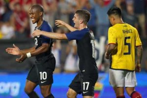 Nagbe Darlington No.10 of the United States celebrates with Christian Pulisic No.17 of the United States after scoring against Ecuador during an International Friendly match at Toyota Stadium on Thursday in Frisco, Texas. AFP PHOTO