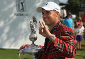 Jordan Spieth poses with the trophy after winning the DEAN & DELUCA Invitational at Colonial Country Club on Monday in Fort Worth, Texas. AFP PHOTO